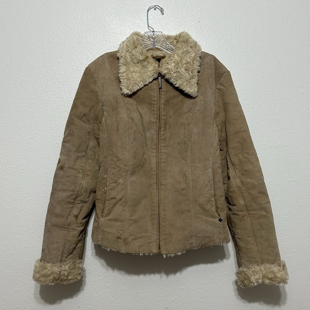Black Rivet Tan Suede Leather Faux Fur Zip Jacket Women's Size Large - STAINS